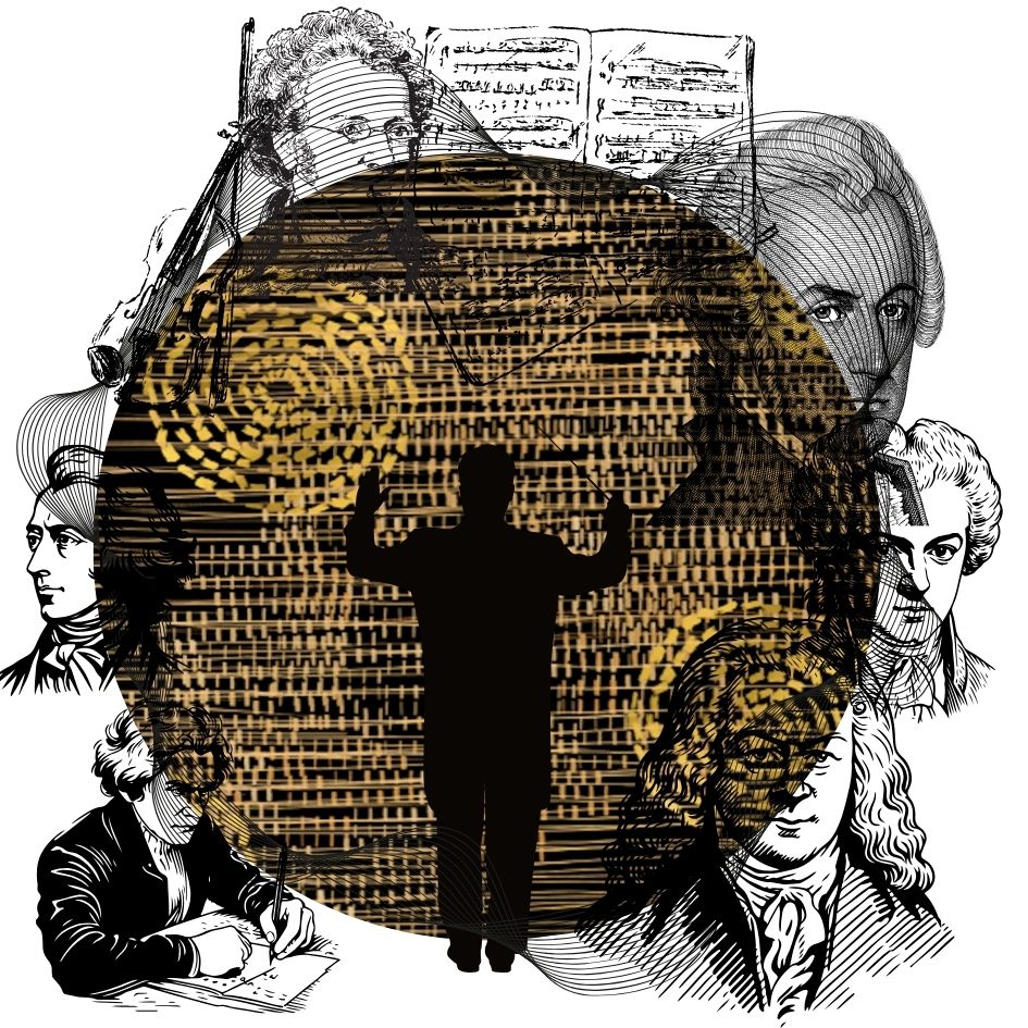 collage representing male composers, the canon, and a conductor