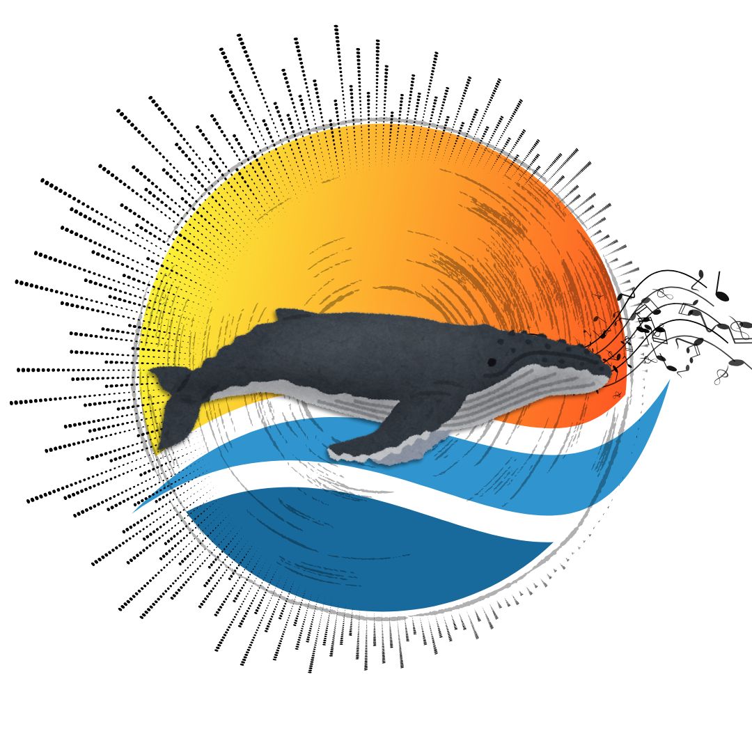 An artistic logo featuring a whale silhouette with a vibrant sunburst background and ocean waves.